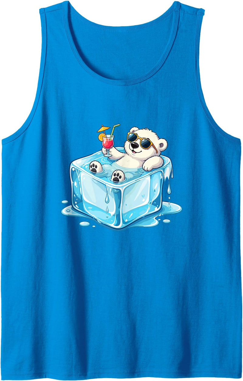 Cool Polar Bear Summer Vibes Chill Ice Cube Lazy Polar Bear in Ice Cube Tropical Cocktail Tank Top - Sapphire Blue