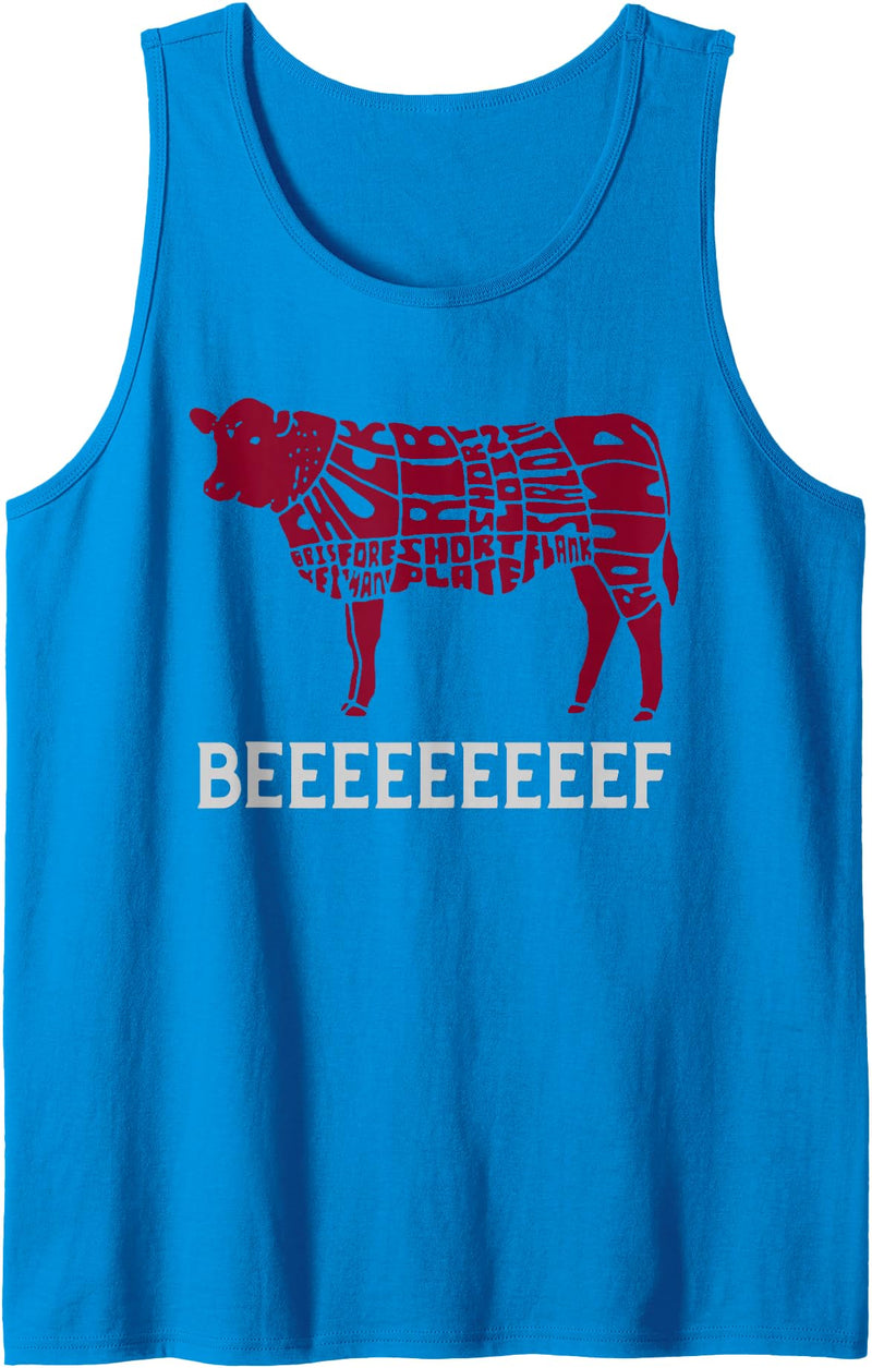 Funny Carnivore Designs Fun Meat Lover Cow BBQ Barbecue Beef Cuts Illustration Tank Top - Sapphire Blue