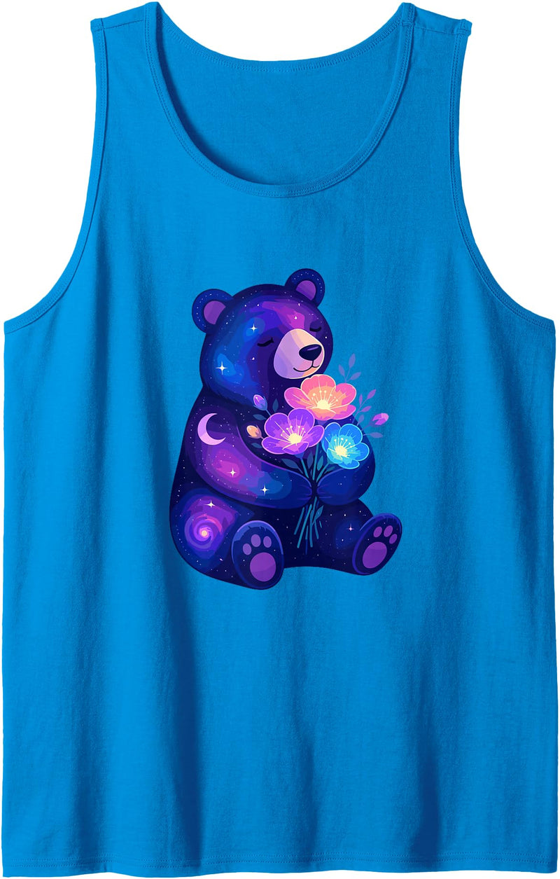 Galaxy Bear Space Flowers Cute Cosmic Night Cosmic Night Bear with Colorful Space Flowers Tank Top - Sapphire Blue