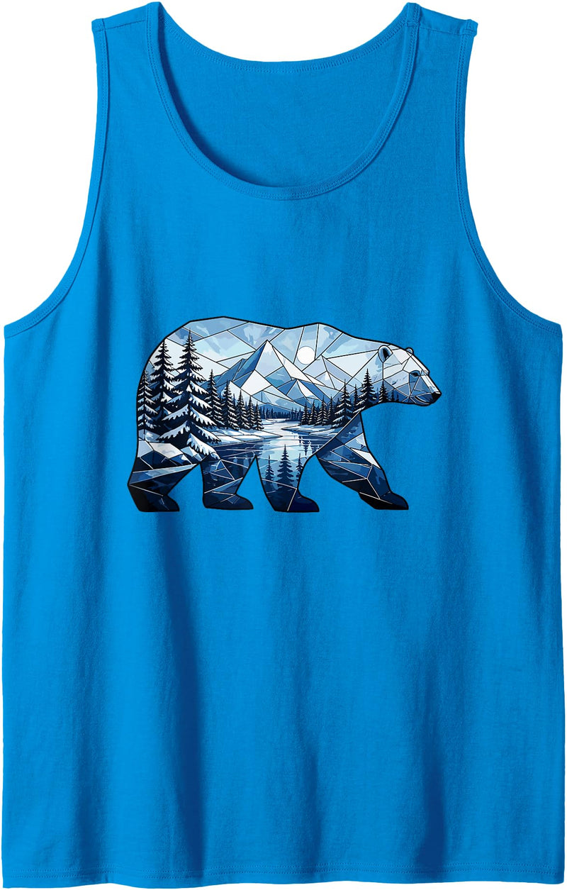Wild Bear Mountain Forest Nature Landscape Geometric Polar Bear Winter Mountain Scene Tank Top - Sapphire Blue