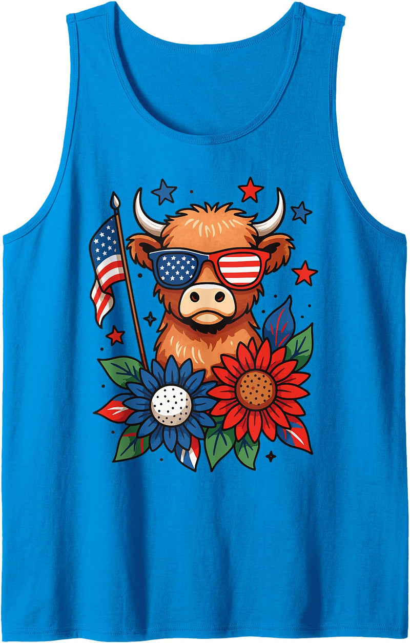 Highland Cow Cattle Livestock Farmer Highland Cattle USA 4th Of July America Tank Top - Sapphire Blue
