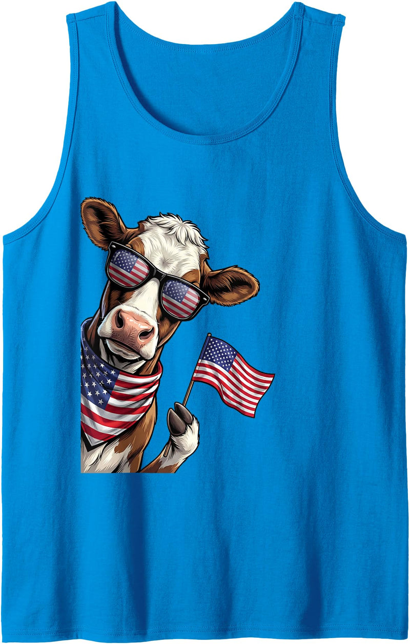 Patriotic Cow Farmer USA Graphic Cow Farmer Patriotic American Flag 4th of July USA Tank Top - Sapphire Blue