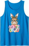 Easter Bunny Glasses Bandana Leopard Rabbit Mahjong Player Tank Top in Sapphire Blue