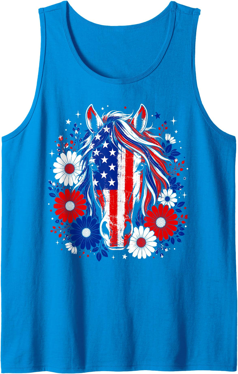 Pride Horse Lover American Flag Independence Day Patriotic Horse USA Flag Daisy Flowers 4th of July Summer Tank Top - Sapphire Blue