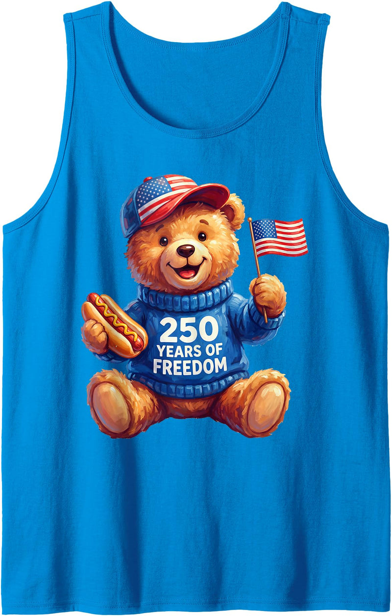250 Anniversary USA Independence Fourth of July Cute Patriotic Teddy Bear 250 Years of Freedom 4th of July Tank Top - Sapphire Blue