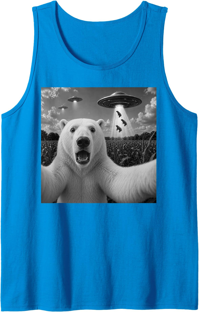 Retro Polar Bear Selfie with UFOs Meme Polar Bear Selfie with UFO Alien Funny Tank Top - Sapphire Blue