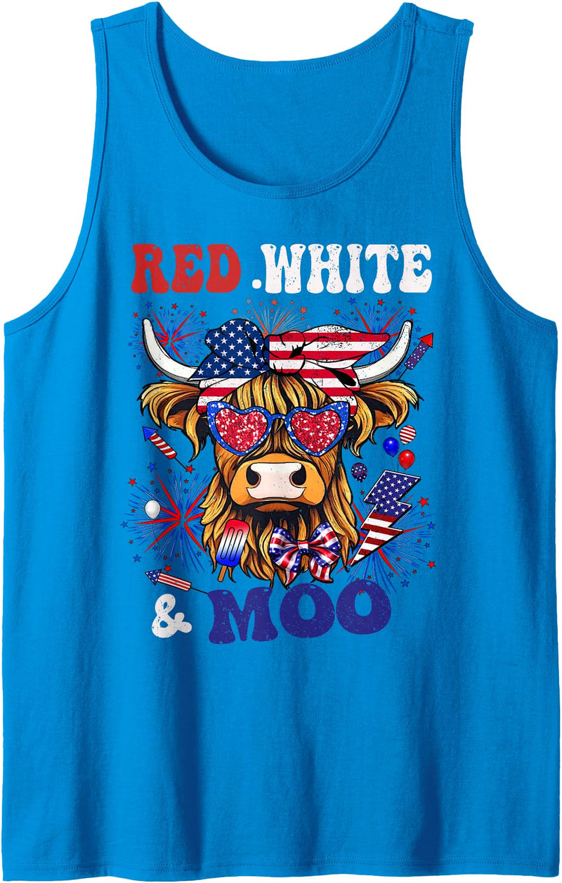 Funny 4th of July Highland Cow Patriotic outfit Highlander Cow 4th Of July American Red White Blue Moorica Tank Top -