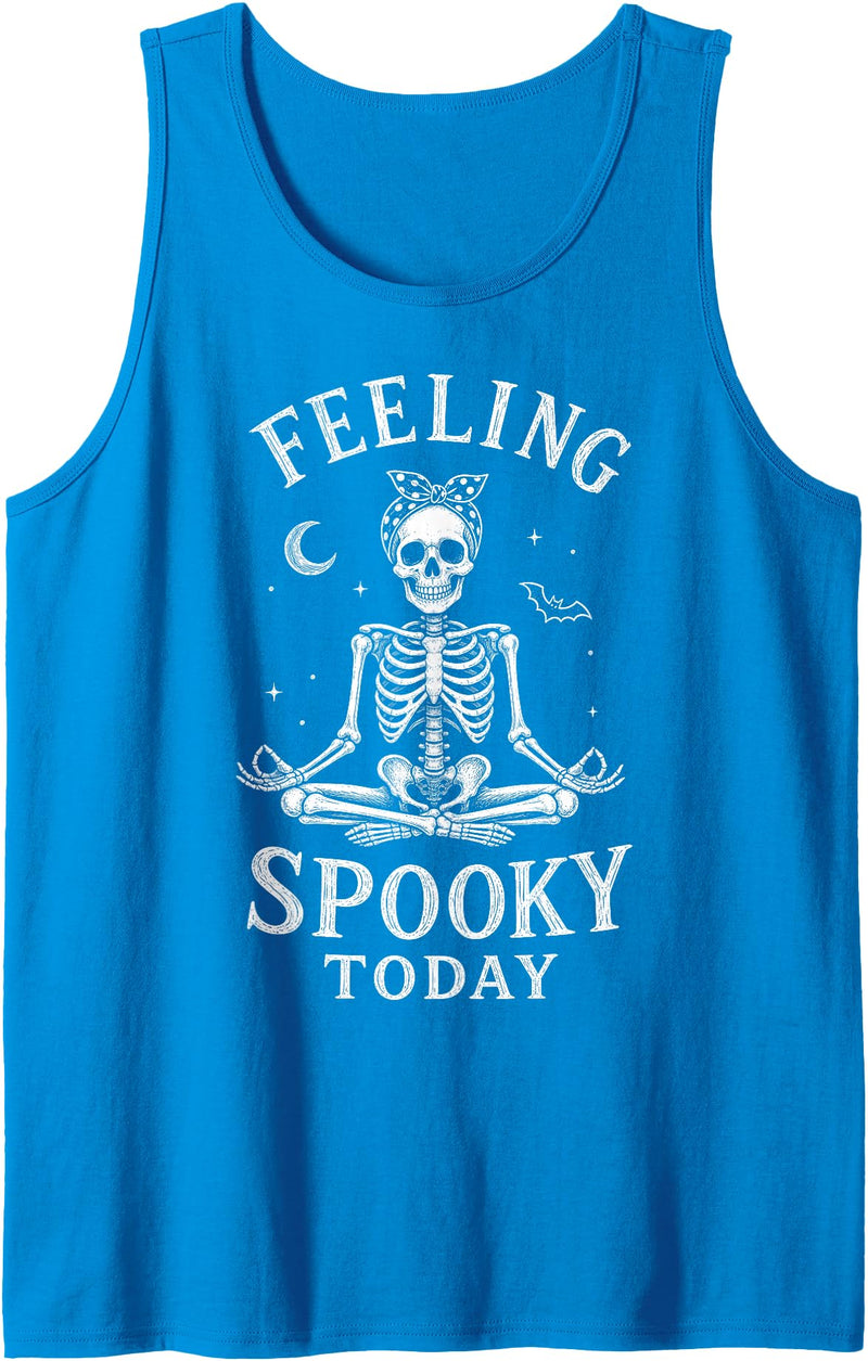 Funny Halloween Designs by FunWearVM Feeling Spooky Today Skeleton Yoga Lotus Pose Halloween Tank Top - Sapphire Blue