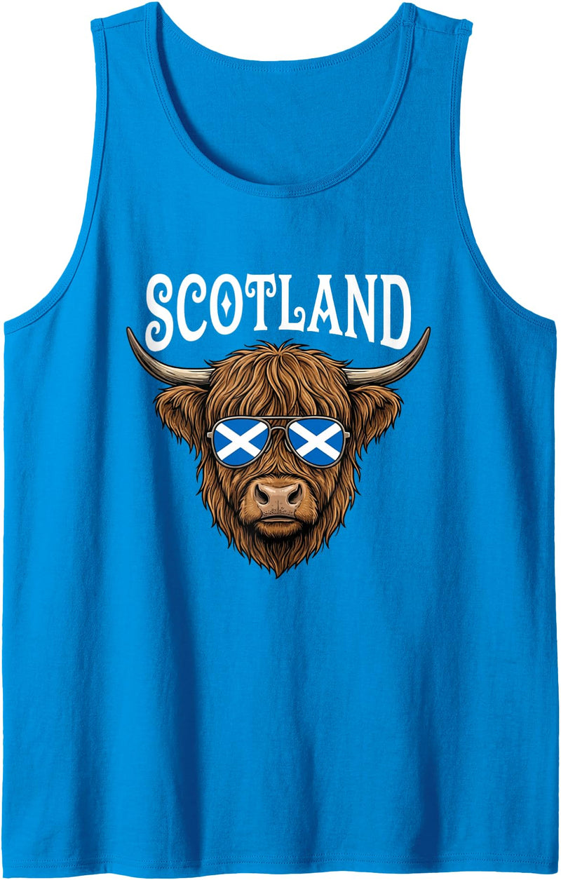 Scottish Scotland Designs By LBOL Scotland Highland Cow Sunglasses Saltire Flag Tank Top - Sapphire Blue