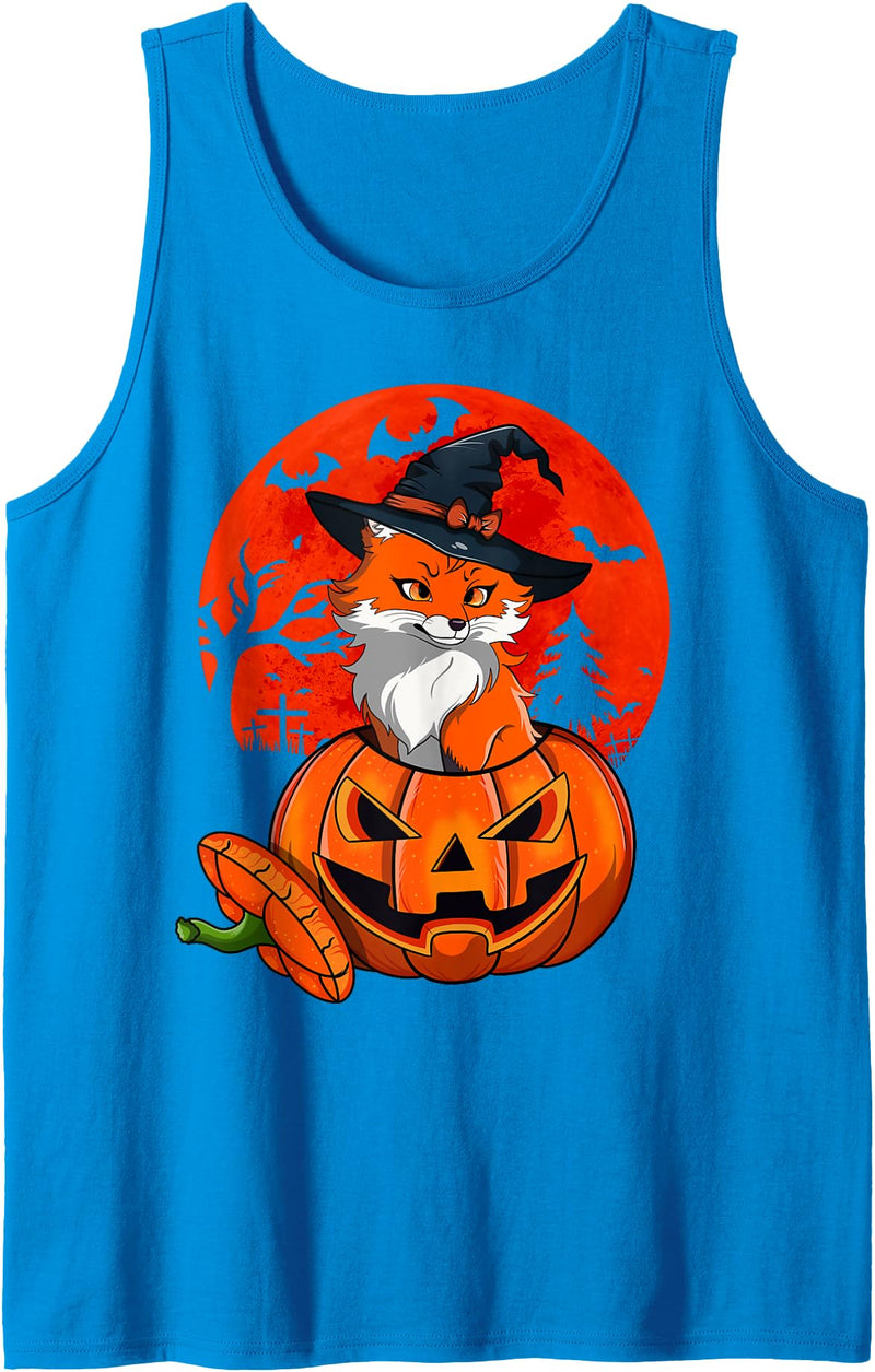 Funny Halloween, Pumpkin, Cute Fox Witch Cute Fox Witch Halloween Pumpkin Moon, Funny Fox Halloween Tank Top - Sapphire Blue