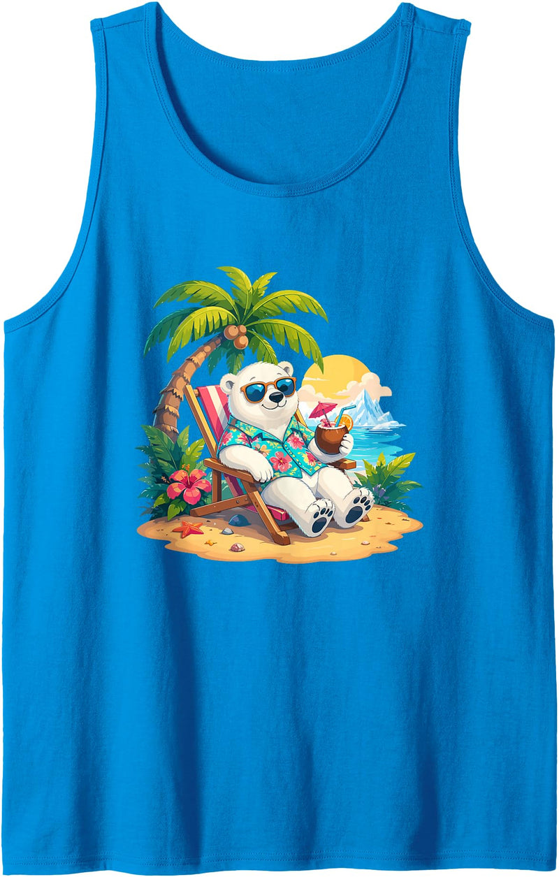 Tropical Polar Bear Summer Beach Vibes Relaxing Beach Vacation Polar Bear Hawaii Tank Top - Sapphire Blue