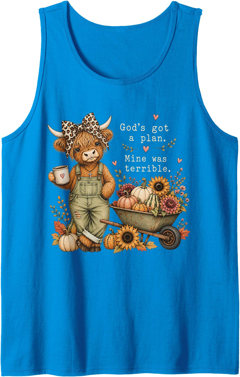 Highland Cow God's Got A Plan Mine was Terrible God's Got A Plan Mine was Terrible Christian Highland Cow Tank Top -