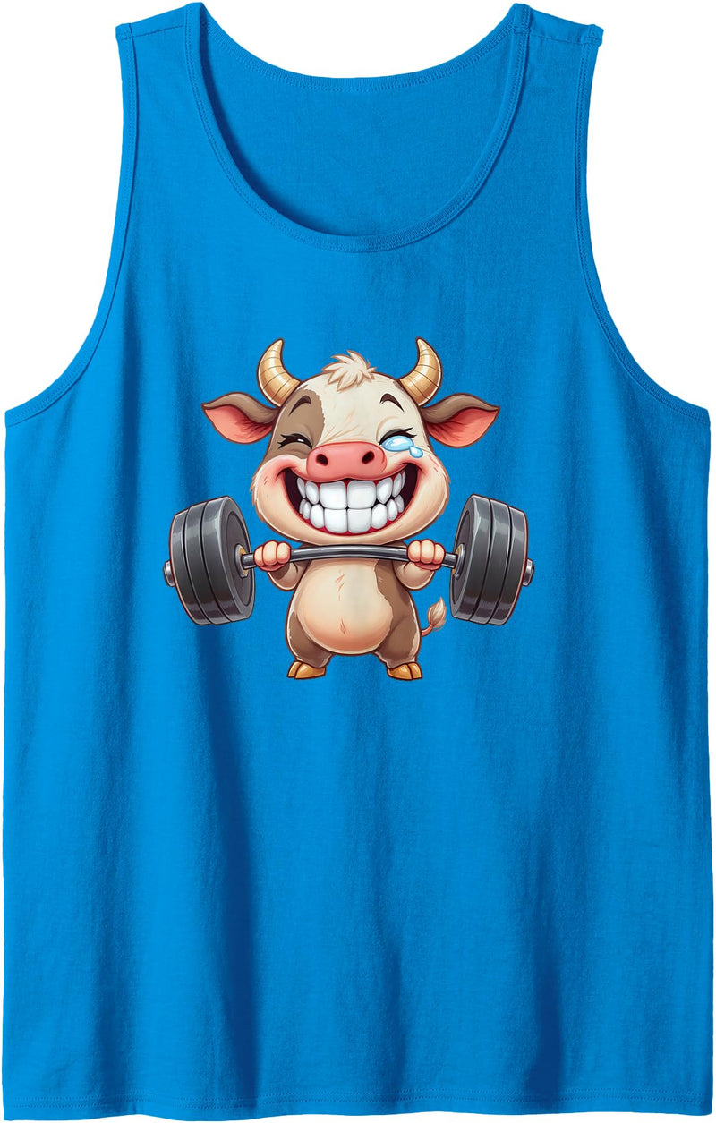 Cute Gym Cow Weightlifting Animal Workout Funny Cow Lifting Barbell Strength Workout Fitness Tank Top - Sapphire Blue