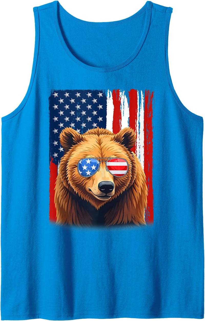 Patriotic USA Flag Grizzly Bear 4th of July Co. Grizzly Bear US America Flag Men Women 4th of July Patriotic Tank Top - Sapphire Blue