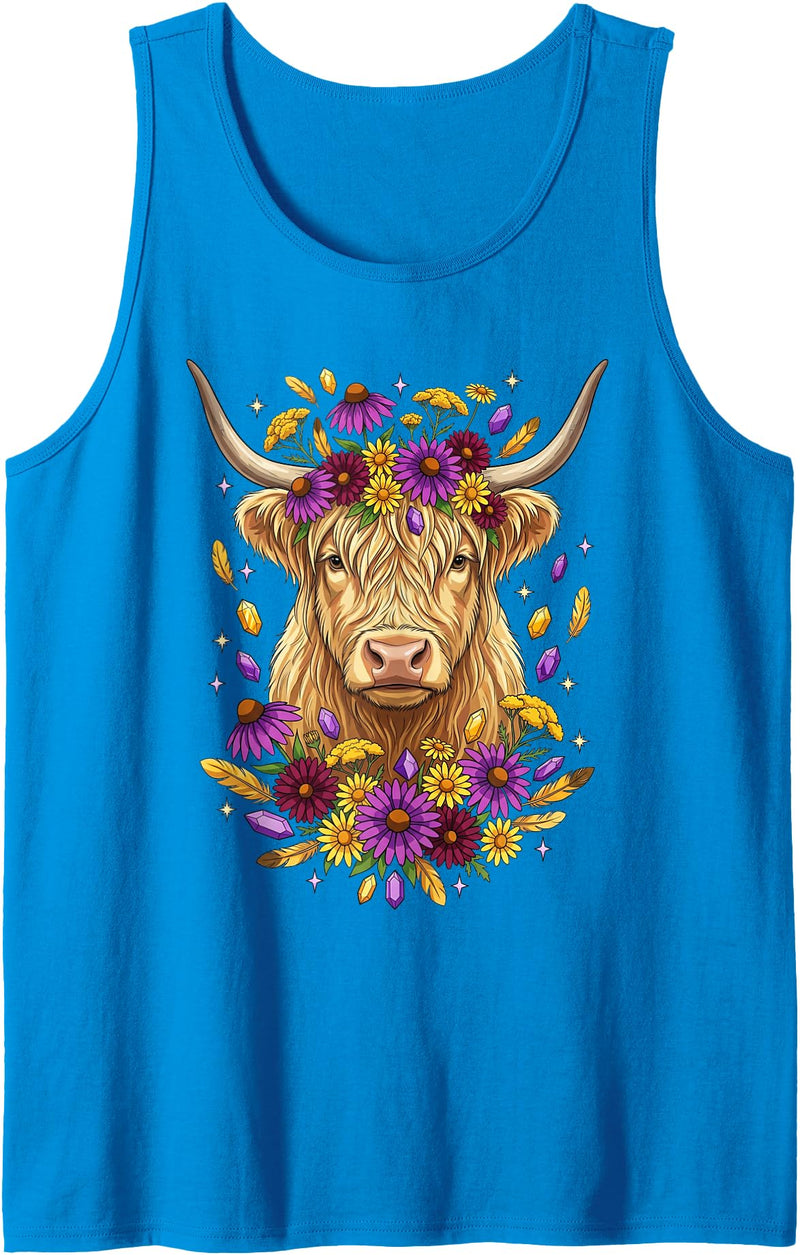 Boho Scottish Highlander Cow Apparel Cute Floral Boho Scottish Highlander Cow Wildflower Graphic Tank Top - Sapphire Blue