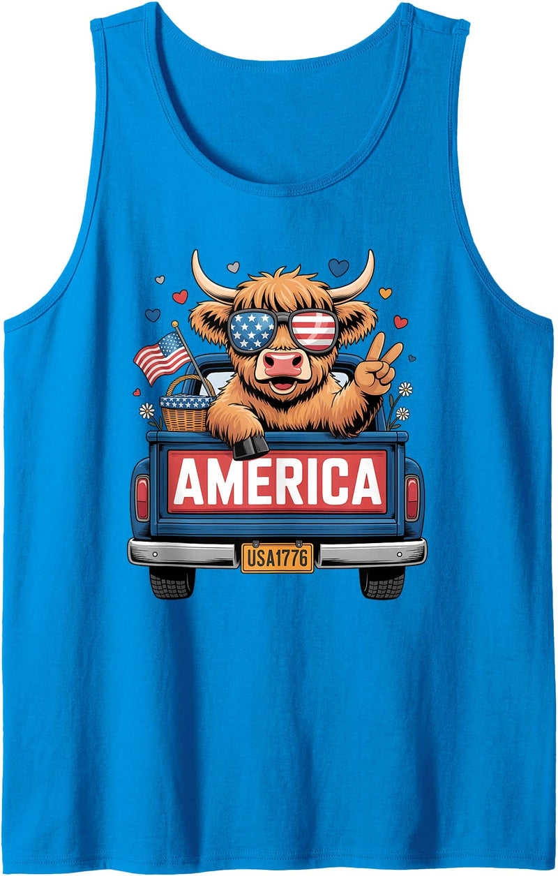 America Highland Cow Fireworks Truck Parade Gifts Patriotic Truck Highland Cow Cute 4th of July American Flag Tank Top -