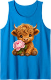 Cute Highland Cow Lover Gifts f Kids, Girls, Women Highland Cow with Peony Tank Top - Sapphire Blue