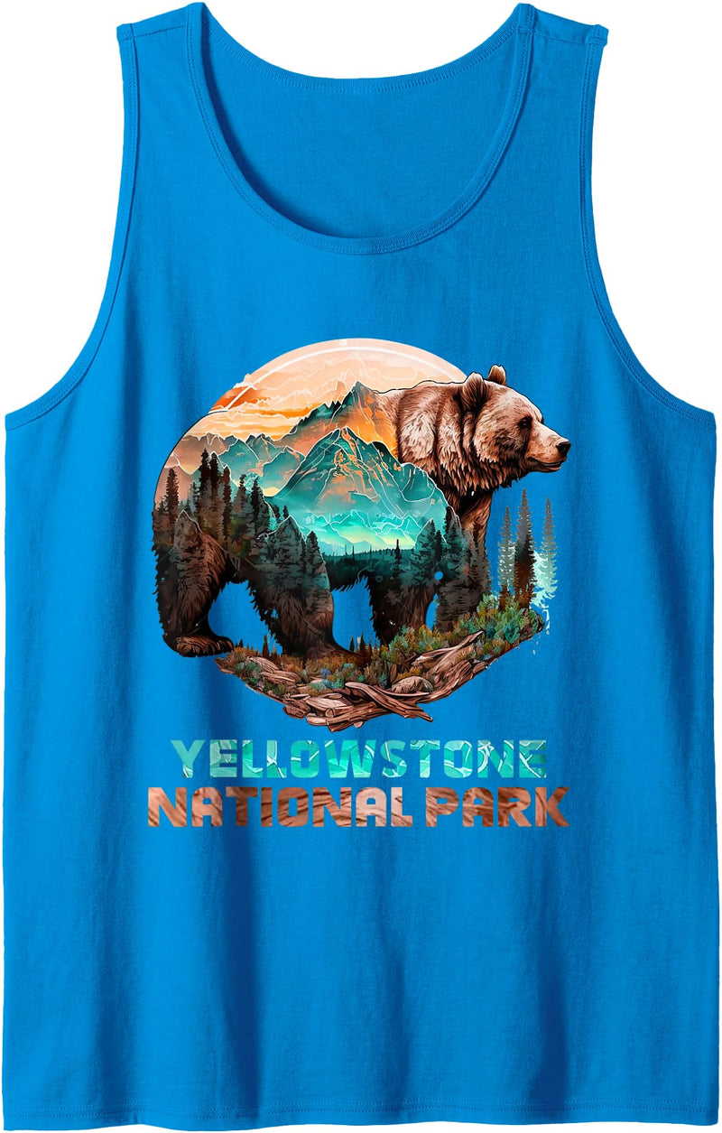National Parks Vintage-Look & Travel Forest Design Yellowstone National Park Alaska Grizzly Bears Hike Tank Top - Sapphire Blue