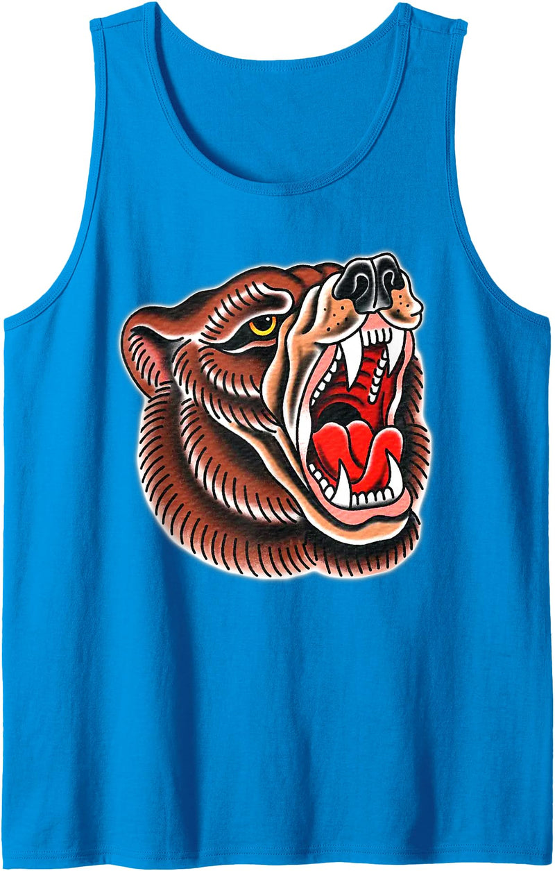 Urban Empyre Grizzly Bear Brown Tattoo Flash Tank Top - Sapphire Blue