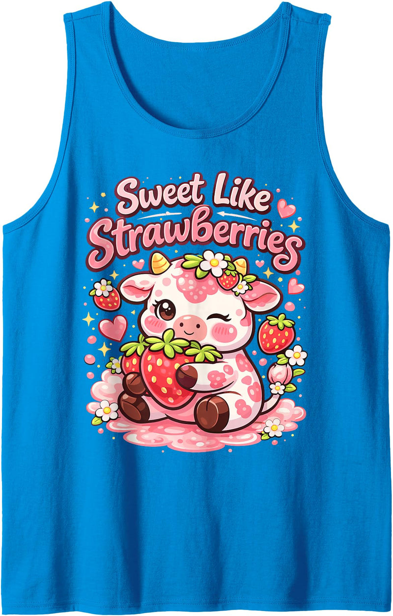 Sweet Like Strawberries Cute Cow Kawaii Fruit Tank Top - Sapphire Blue