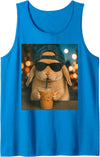 Funny Rabbit Drinking Iced Coffee Bunny Tank Top in Sapphire Blue