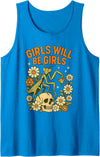Vintage Dark Humor Feminist Insect Floral Skull Girl Will Be Girls Praying Mantis Retro Halloween Tank Top - Sapphire Blue