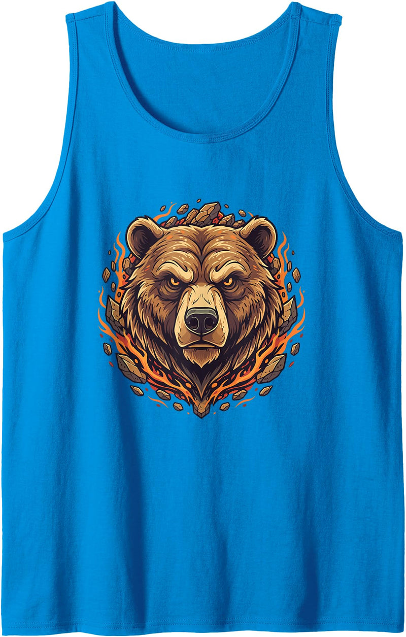 Wild Grizzly Bear Fire Mountain Nature Fiery Grizzly Bear Head Flames Wilderness Tank Top - Sapphire Blue