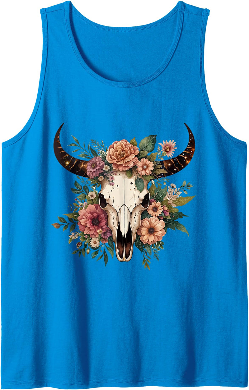 Funny Cow Skull Floral farm Western Country Outfit Boho Cow Bull Skull Flowers Wild west Western Cowgirl Texans Tank Top -