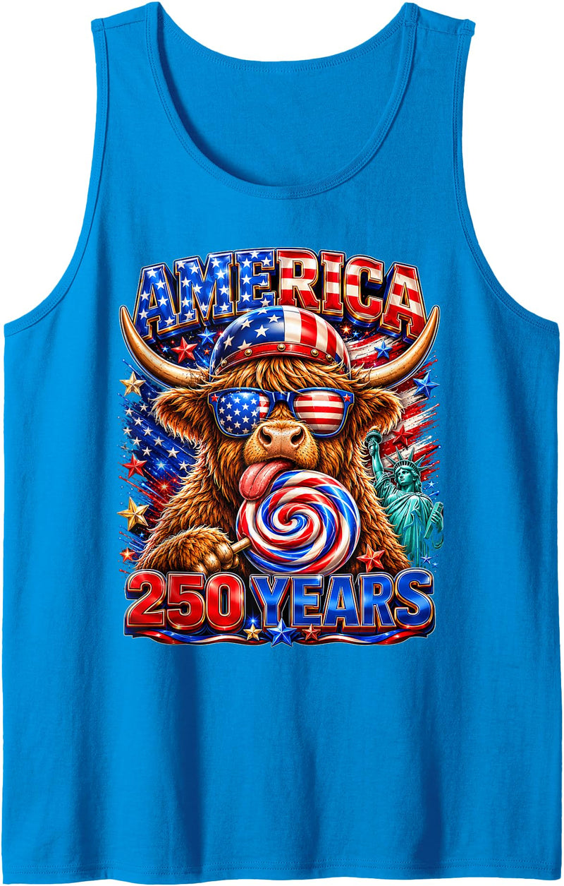 Patriotic Highland Cow Fourth of July USA Flag 1776 2026 America 250th Anniversary Highland Cow 4th of July Tank Top -