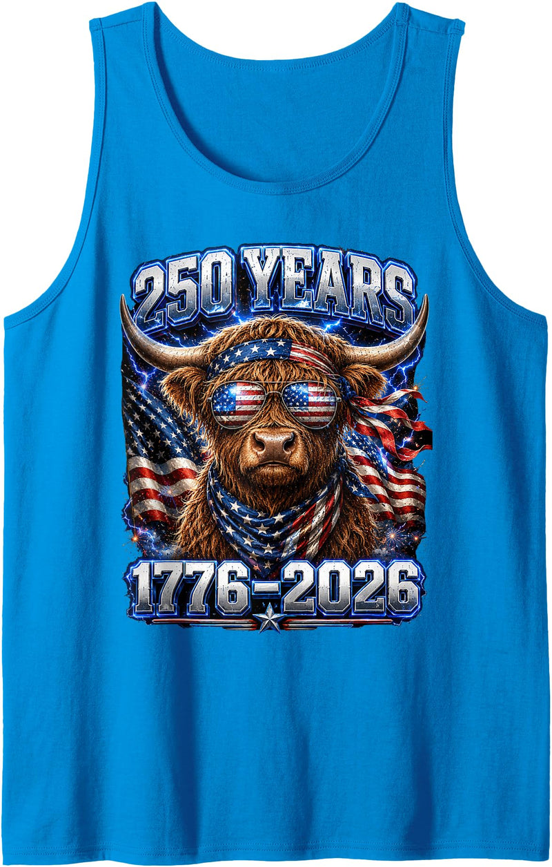 Independence Day Farmer Fourth of July Farm America Flag Highland Cow 4th of July Farm 250th Anniversary Tank Top - Sapphire