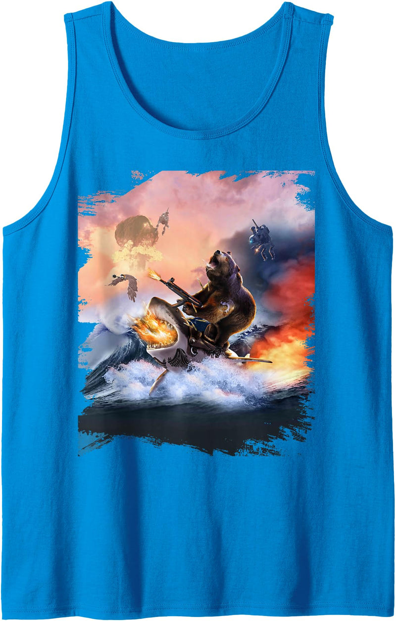 Random Galaxy Bear Riding Shark Funny Tank Top - Sapphire Blue