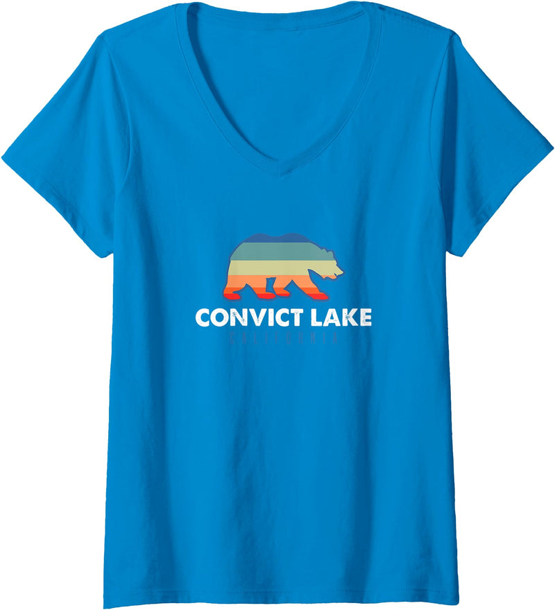 Convict Lake Shirts Womens Convict Lake California Sunset Bear Outdoors Boating Fishing V-Neck T-Shirt - Sapphire Blue