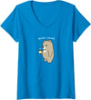 Cute Coffee Doodle Womens Animal Pun "Bearly Awake", Sleepy Bear with a Cup of Coffee V-Neck T-Shirt - Sapphire Blue