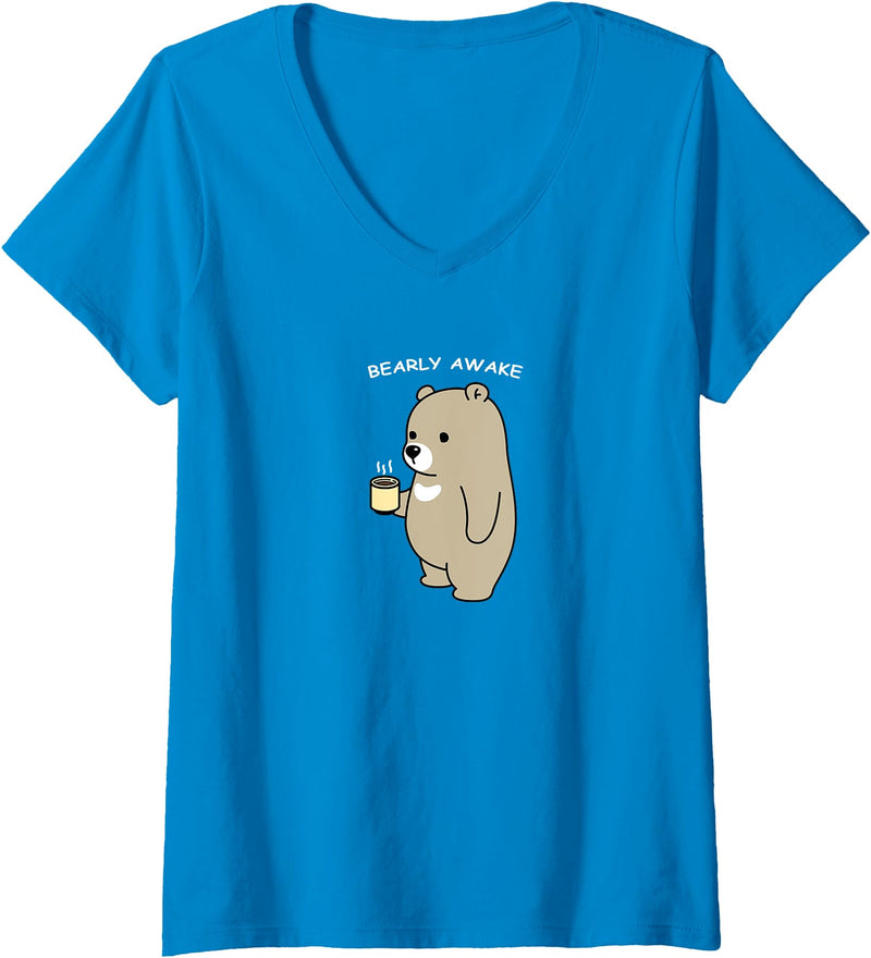 Cute Coffee Doodle Womens Animal Pun "Bearly Awake", Sleepy Bear with a Cup of Coffee V-Neck T-Shirt - Sapphire Blue