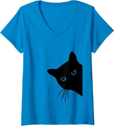 Cat Dad & Cat Mama Gifts Womens Cute Black Cat Spy Peeking Around the Corner Kitten Lovers' V-Neck T-Shirt