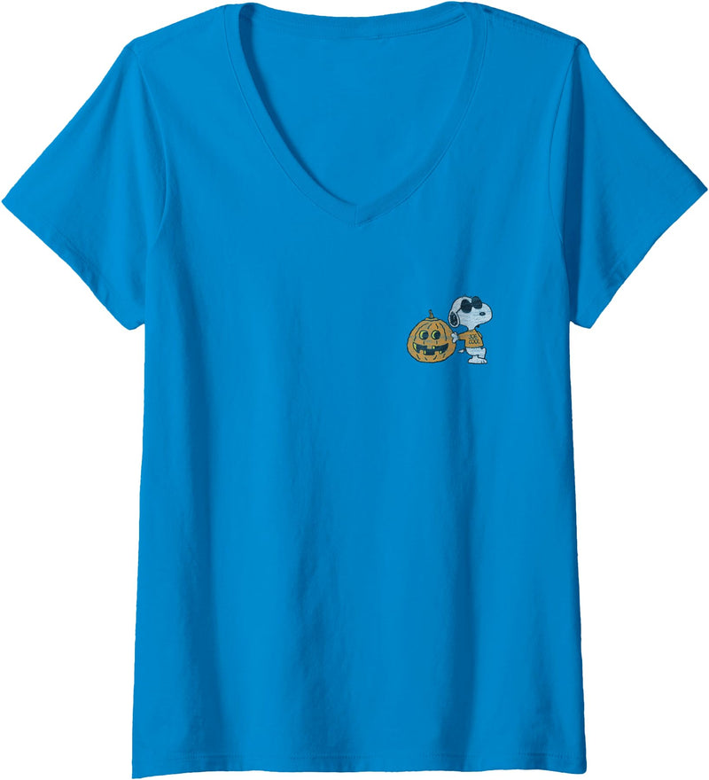 Womens Peanuts Halloween Cool Pumpkin Snoopy V-Neck T-Shirt - Sapphire Blue