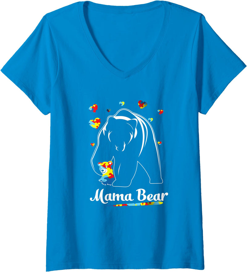 Autism Bear T-shirts Womens Autism Mom Mama Bear Mother’s Day Cute Autism Matching V-Neck T-Shirt - Sapphire Blue