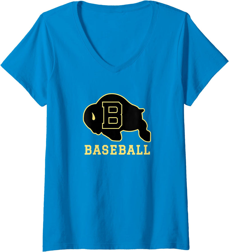 Buffalo High School, Buffalo, WY 82834 Women's Buffalo High School WY Logo Baseball V-Neck T-Shirt - Sapphire Blue