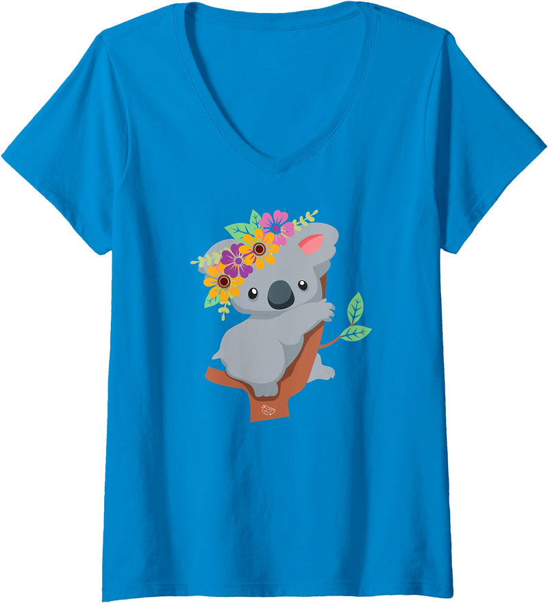 PelicanWild Womens Australian Gift - Cute Koala Bear V-Neck T-Shirt - Sapphire Blue