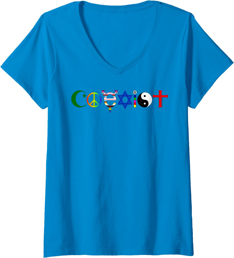 Bear In The Cloud Womens Coexist V-Neck T-Shirt - Sapphire Blue