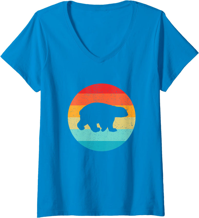 Funny Silhouettes in Retro Sunset Designs Women's Polar Bear Silhouette Retro Vintage Sunset 80s Distressed V-Neck T-Shirt - Sapphire Blue