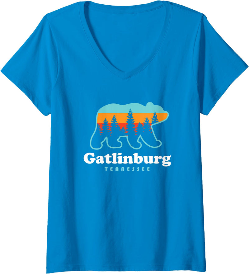 Great Smoky Mountains TN Travel Womens Gatlinburg Tennessee Bear Great Smoky Mountains V-Neck T-Shirt - Sapphire Blue