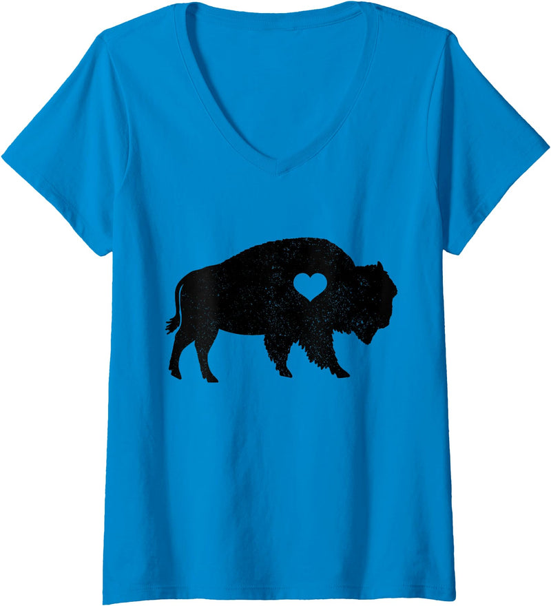 We Love Bison Womens Bison Lover American Buffalo National Park Souvenir Vintage V-Neck T-Shirt - Sapphire Blue