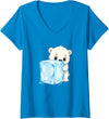 Cute Polar Bear Ice Cube Arctic Kawaii Women's Adorable Baby Polar Bear Hugging Big Ice Cube V-Neck T-Shirt - Sapphire Blue