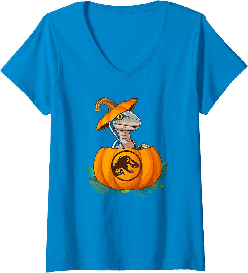 Women's Jurassic World Halloween Dinosaur Pumpkin Logo V-Neck T-Shirt - Sapphire Blue