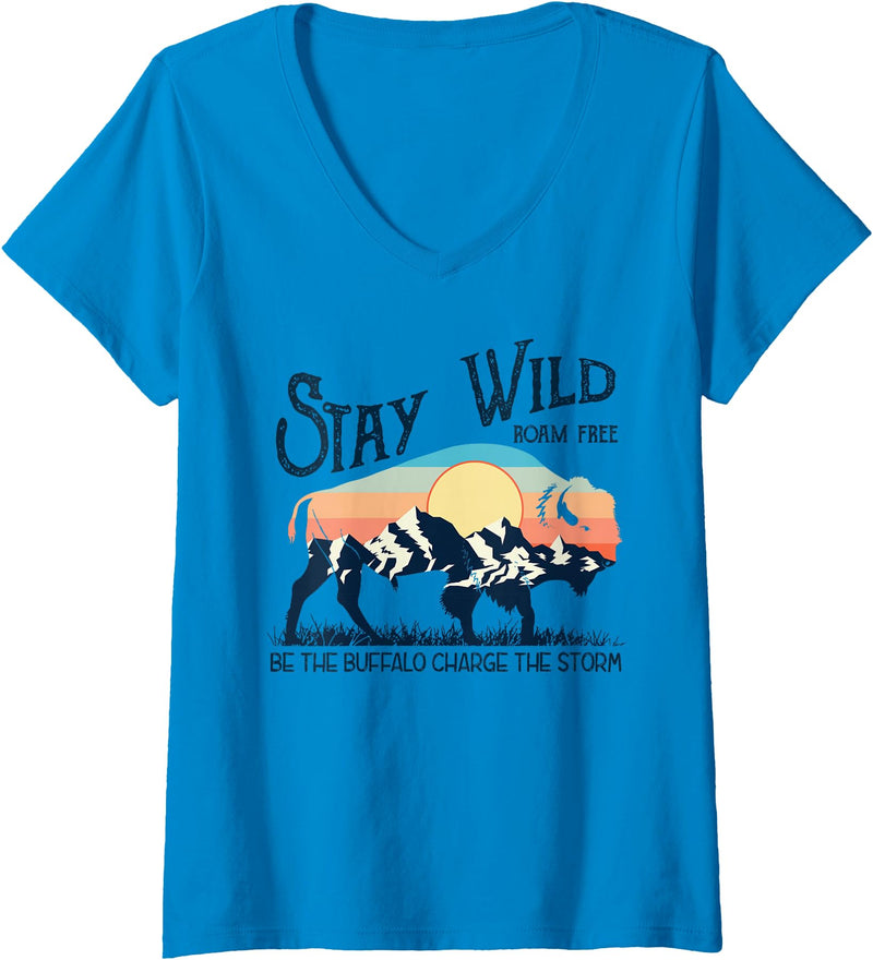 Buffalo Bison National Park Wild Animal Lover Womens W4Mx Retro Stay Wild Roam Free The Buffalo Charge The Storm V-Neck