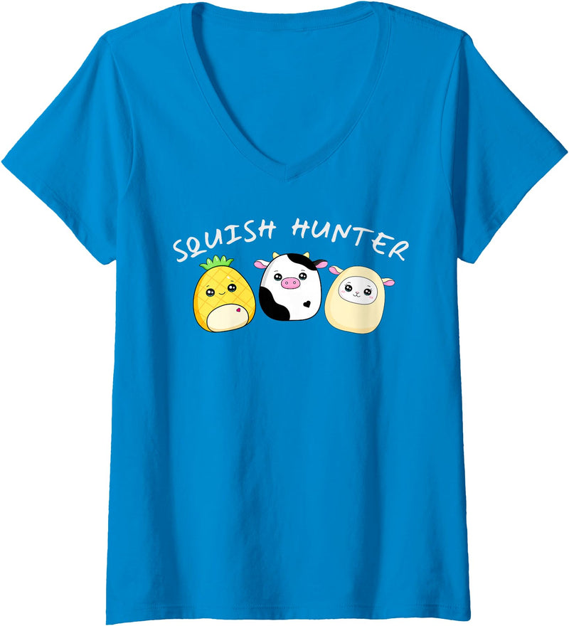 Funny anime designs Womens Squish hunter cute animals pineapple cow lamb V-Neck T-Shirt - Sapphire Blue