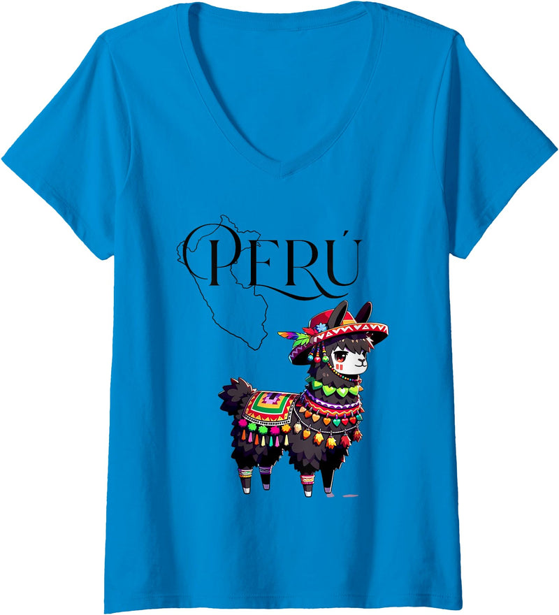 Ceci Merch Studio Women's Attractive Casual Peruvian Andean Graphic Llama V-Neck T-Shirt - Sapphire Blue