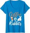 Womens Coffee and Rabbits Cute Rabbit Lover V-Neck T-Shirt in Sapphire Blue