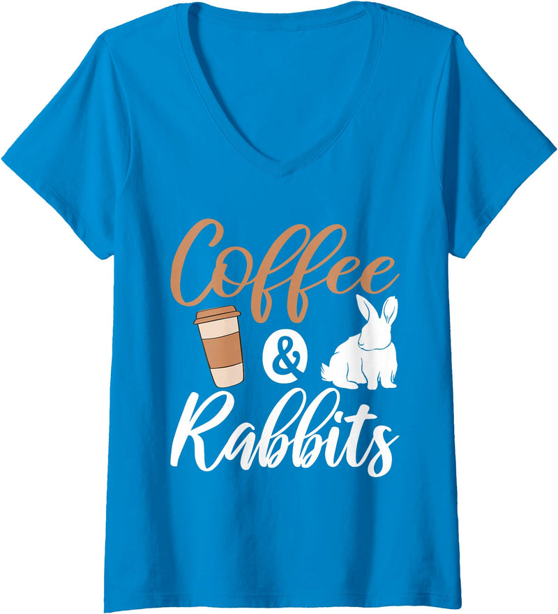 Womens Coffee and Rabbits Cute Rabbit Lover V-Neck T-Shirt in Sapphire Blue